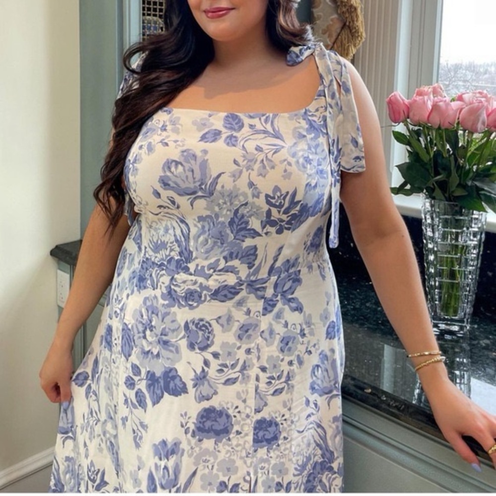 Reformation Twilight Floral Tie Strap Midi Dress Lucerne Blue White Plus Size 22